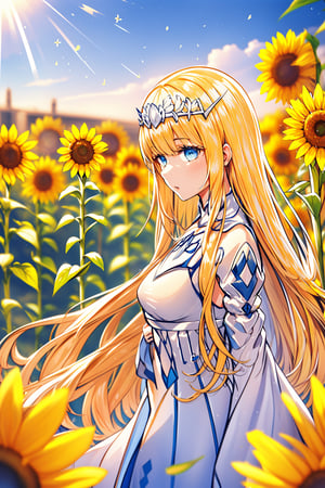  flower, outdoors,  blurry, from the side, yellow flower, sunflower, 1girl, solo, Calca, Calca Bessarez, blonde hair, (extremely long hair:1.3), very long hair, white tiara, white dress, blue eyes, medium chest,