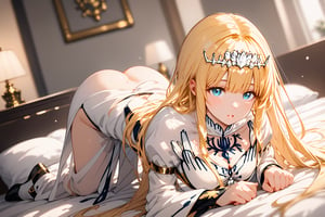 (score_9, score_8_up, score_7_up), rating_explicit, blush, bangs, dutch angle, parted lips, indoors, , blurry, depth of field, blurry background, on bed, all fours, downblouse,  1girl, solo, Calca, Calca Bessarez, blonde hair, (extremely long hair:1.3), very long hair, white tiara, white dress, blue eyes, medium chest, extremely long hair