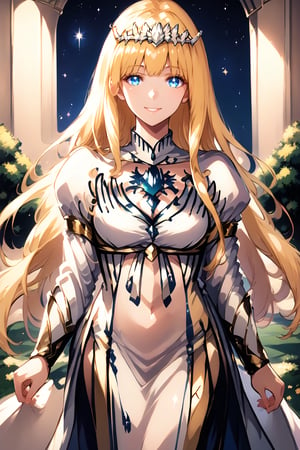  extremely detailed cg, anime picture, shiny hair and skin, masterpiece, best quality, ultra-detailed,  pale skin, glowing eyes, standing, cowboy shot, arms at sides, looking at viewer, smile, royal, majestic, elegant, graceful, particle effect, , outdoors,  night, nebula, stars, galaxy, chichibukuro, more detail XL, 1girl, solo, Calca, Calca Bessarez, blonde hair, (extremely long hair:1.3), very long hair, white tiara, white dress, blue eyes, medium chest