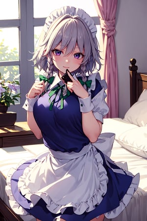 Beautiful, beautiful, high quality, highly detailed, pose details, anime, physical detail, eyes open, blushing, clothing, maid, place, house,izayoi_sakuya_touhou