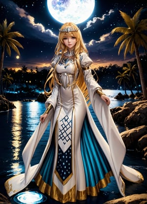 (sacred night and water magic caster),(ultra-fine HDR),extremely delicated and beautiful,  1girl, solo, Calca, Calca Bessarez, blonde hair, (extremely long hair:1.3), very long hair, white tiara, ,extremely long hair