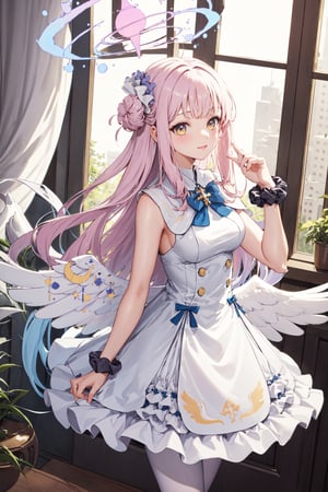  best quality, highres, aamika, halo, long hair, hair flower, angel wings, white wings, low wings, angel wings, crescent, sleeveless, blue bow, frills, white dress, wrist scrunchie, white pantyhose, , , cowboy shot, capelet, ,, indoor, in luxurious room, living room, window, day light