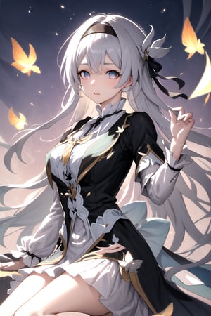 victorian dress,firefly \(honkai: star rail\), silver hair, black headband, gradient eyes, black headband