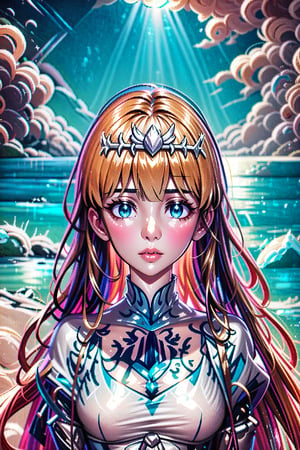 lips, landscape into The sea, Blue sky, Hd, anime, like deviant art.,Colorful Binary Code Energy,DonMW15p,plasttech, , 1girl, solo, Calca, Calca Bessarez, blonde hair, (extremely long hair:1.3), very long hair, white tiara, white dress, blue eyes, medium chest, bangs, blunt bangs