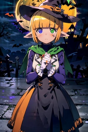 
(masterpiece), (best quality), 8k illustration
, , solo,  , , heterochromia, (one blue eye on the left of the image, one green eye on the right of image:1.3), pointy ears
1child, Halloween wallpaper, Halloween background, orange and yellow theme, mare bello fiore, in death tree garden, black rose, (Halloween party:1.4), (Halloween decoration:1.4), (orange witch dress:1.4), indoor, in haunted house, surrounded by pumpkins 