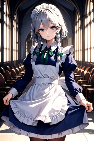 //Quality,
masterpiece, best quality
,//Character,
1girl, solo
,//Fashion,
,//Background, indoor, gothic Victorian mansion
,//Others,
, full_body,izayoi_sakuya_touhou, , silver hair, maid dress, white apron, very short skirt,, sleeveless outfit, detailed face, detailed eyes, fresh blue eyes, big green ribbons, blue outfit, double braids, small green ribbons