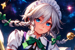 {{best quality}}, {{masterpiece}}, {{ultra-detailed}}, {illustration}, {detailed light}, {an extremely delicate and beautiful}, a girl, {beautiful detailed eyes}, stars in the eyes, depth of field,  1girl, solo,Sakuya,Sakuya Izayoi,blue maid outfit,white apron,white maid headband,silver short hair,two braided hair,blue eyes,green ribbons on her braid,big green bowtie