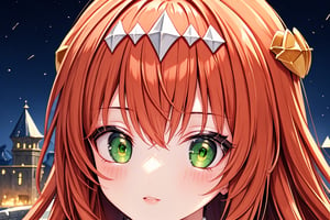 extremely excellent composition,detail processing,8k Ultra HD,visual appeal,intricate details background,delicate facial features,extremely detailed eyes,1girl,Lightbringer,Neo Elma,orange hair,very long hair,green eyes,(hair ornament:1.2),silver armor,female knight,gauntlet, 25 years old, mature female, castle background, night time, (three lozenge-shaped ornament:1.2)