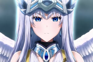 1angel, solo, blue eyes,, closed mouth, female focus, , portrait, extremely long hair, silver hair, straight hair, light blue eyes, large white wing, feather Wings, hair ornament, silver hair band, off-shoulder, serious face, hand armors, silver neck armor,Noint