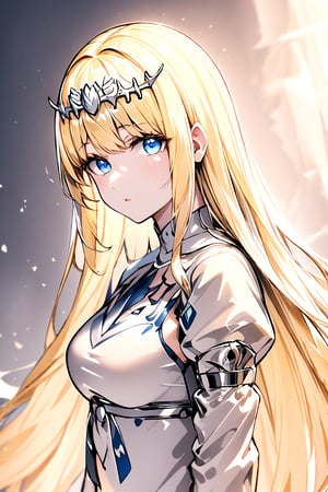 looking at the viewer,, upper body, , from side,  1girl, solo, calca, blonde hair, medium chest, (extremely long hair:1.3), very long hair, extra long hair, white tiara, white dress, blue eyes,Calca Bessarez,Calca