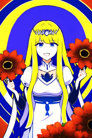   1girl, solo,Hanahaki disease. smiling, flowers, red flowers, , Calca, Calca Bessarez, blonde hair, (extremely long hair:1.5), very long hair, white tiara, white dress, blue eyes, masterpiece, best quality, 