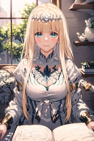 masterpiece, best quality, 1girl, looking at viewer, blush, aqua eyes, long sleeves, sitting, closed mouth, upper body, indoors, book, window,, book stack, blunt bangs, soft smile, 1girl, solo, Calca, Calca Bessarez, blonde hair, (extremely long hair:1.3), very long hair, white tiara, white dress, blue eyes, medium chest