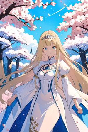  , cherry blossoms, screenshot, , phone screen, ,cherry blossom petals in background ,Movie Poster,  1girl, solo, Calca, Calca Bessarez, blonde hair, extremely long hair, very long hair, white tiara, white dress, blue eyes, medium chest