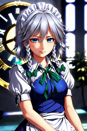 1girl, solo, izayoi_sakuya_touhou, Sakuya, Sakuya Izayoi, blue maid outfit, white apron, white maid headband, silver hair, short hair, blue eyes, blue eyes, two green ribbons on her braided hair, green bowtie, maid_headdress, short_hair, maid