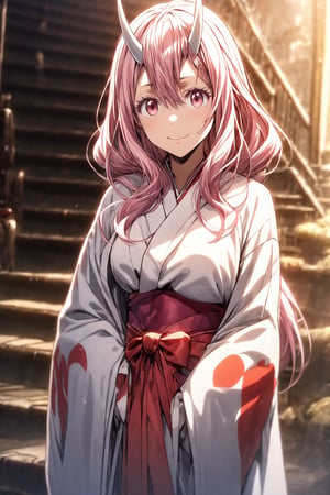 (Official art, absurd, highest quality, Unity 8k wallpaper, 32K, masterpiece, super detail, super high resolution, oil painting style: 1.2), slender, medium bust, (full body: 1.2), high-definition background, realistic eyes, gentle eyes, smile, beautiful girl in kimono, (very detailed face and eyes, beautiful face, ultra-detailed skin, detailed Skin texture: 1.3),  Studio lighting, Winter scenery,,Shuna, pink hair, long hair, pink eyes, white small oni horns, white and red hakama, medium breast