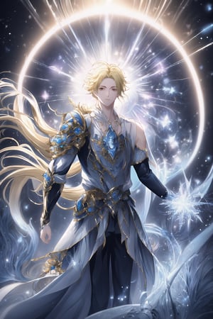 Magic Particles; Magic Swirls, in a oit of this world magical frozen landscape, solo,Hyouka,1male,blonde hair,brown eyes,one-sided braid,very long braided hair,one shoulder armor, 25 years old, handsome man