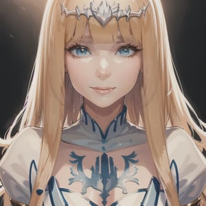 masterpiece, best quality (finely detailed beautiful eyes and detailed face) cinematic lighting extremely detailed CG unity 8k wallpaper, caucasian girl, smiling softly,1girl, solo, Calca, Calca Bessarez, blonde hair, (extremely long hair:1.4), very long hair, white tiara, white dress, blue eyes, medium chest, medium breast