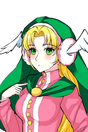 big eyes girl, ,light, 1girl, Divine Chant, 4th Seat of the Black Scripture, blonde hair, green eye, pink dress, green hood, very long hair, 1girl, (white angelwing-shaped earmuffs:1.3),