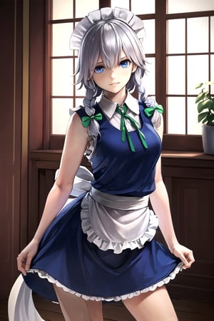 //Quality,
masterpiece, best quality
,//Character,
1girl, solo
,//Fashion,
,//Background,
gothic victorian mansion, indoors, 
,//Others,
, izayoi Sakuya, , silver hair, maid dress, white apron, very short skirt, sexy pose, , sleeveless outfit, detailed face, detailed eyes, fresh blue eyes, big green ribbons, blue outfit, double braids, small green ribbons