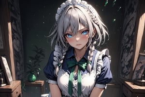 Beautiful girl. detailed image, detailed skin, upper body, standing, looking at the viewer, glowing eyeswater drop, ((masterpiece: 1.2)), light particles, ink droplets in background. 1girl, solo,Sakuya,Sakuya Izayoi,blue maid outfit,white apron,white maid headband,silver short hair,(two braided hair:1.2),blue eyes,green ribbons on her braid,big green bowtie