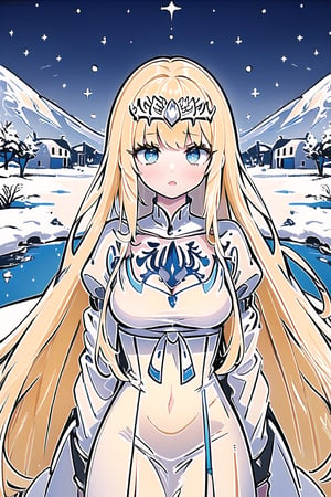 (masterpiece, best quality, highres:1.1), ultra-resolution image,, fantasy, snow, ancient city,,,1girl, solo, Calca, Calca Bessarez, blonde hair, (extremely long hair:1.3), very long hair, white tiara, white dress, blue eyes, medium chest, 