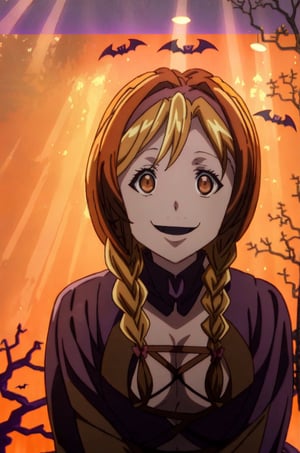 ((Halloween harvest)), ((surrounded by death tree, Enri Emmot, beutiful woman, 1girl, solo, smile, score_9, score_8_up, score_7_up, source_anime, best quality, masterpiece, enri emmot, overlord, brown eyes, blonde hair, facing viewer, beautiful lighting, side plait, plaited hair, smile, outdoors, field, orange sky, orange witch dress, very aesthetic, anime screencap, (Halloween party:1.4), (Halloween decoration:1.4),