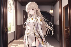 masterpiece, best quality, ultra-detailed, extremely detailed, depth of field, scenery, 

1girl, solo, long hair, , looking at the viewer, , , black thigh highs, ,  , medium breasts, , skirt, , indoors, Hakuchou,

, white dress, white uniform with black color on two sides of the waist, light brown hair, pale hair color, very long hair, straight hair, light brown eyes, pale eye color, tiny braided hair, hair ornament