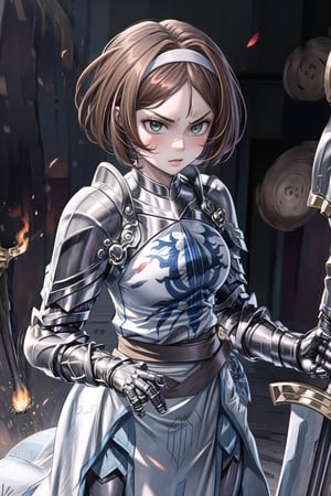 solo, 1girl, holding, upper body, weapon, female focus, , armor, glowing,, fire, shoulder armor, gauntlets, , breastplate, knight, full armor, ,holding claymore, , shoulder armor, gauntlets, , armored dress, greatsword, Remedios, short hair, hair band, brown hair, armor