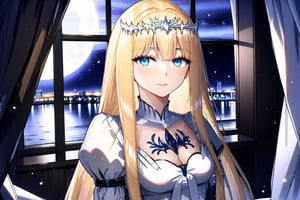  elegant makeup, tiara),  masterpiece quality, big suite window in back, it's night time, looking at the viewer, upper body, stunning image, light particles, Anime Style,  1girl, solo, Calca, Calca Bessarez, blonde hair, (extremely long hair:1.3), very long hair, white tiara, white dress, blue eyes, blunt bangs