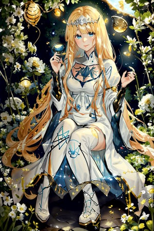 (masterpiece, best quality, highres:1.3),  1girl, , kawaii,, musical, harp,  (music notes floating in the ar), fantasy, harmony, melody, soft, night time, (fireflies:1.3), (serene background:1.3), vivid color, sitting, (magical, musical aura:1.3), smile softly, forest, leaf, nature, sitting, 1girl, solo, Calca, Calca Bessarez, blonde hair, (extremely long hair:1.3), very long hair, white tiara, white dress, blue eyes, medium chest