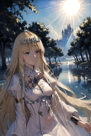 Ragecore, Precisionism
scenery, background, masterpiece, best quality, aesthetic, oil painting \(medium\), portrait,
light rays, day, shadow, dappled sunlight, ,1 girl, solo, Calca, Calca Bessarez, blonde hair, (extremely long hair:1.5), very long hair, white tiara, white dress, blue eyes, extremely long hair, medium breast, yellow hair color,1girl