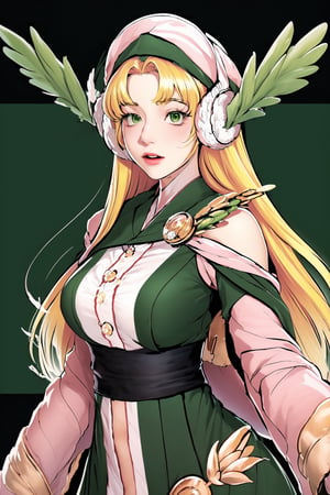 (((masterpiece))), (((best quality))), ((ultra-detailed)), (illustration), ((an extremely delicate and beautiful)), (detailed light), (bloom), looking at viewer,kimono,,,,, 1girl, Divine Chant, 4th Seat of the Black Scripture, blonde hair, green eye, pink dress, green hood, very long hair, 1girl, angelwing-shaped earmuffs
,