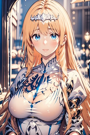 masterpiece, best detail, lift skirt, 1girl, solo, Calca, Calca Bessarez, blonde hair, (extremely long hair:1.3), very long hair, white tiara, white dress, blue eyes, medium chest, bangs, blunt bangs