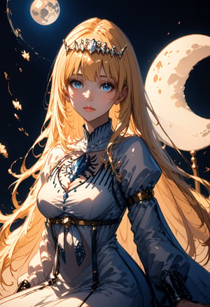 score_9, score_8_up, score_7_up, score_anime, moon background, reflective ground, abstract, sitting, from the side, shiny skin, blush, beautiful face, magical, looking at the viewer,  1girl, solo, Calca, Calca Bessarez, blonde hair, extremely long hair, very long hair, white tiara, white dress, blue eyes, medium chest