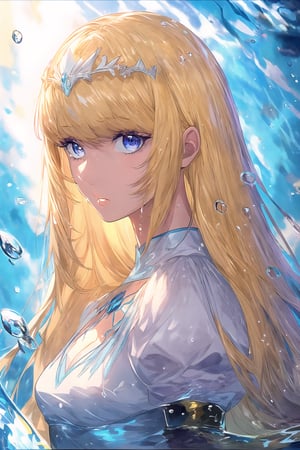 1girl, solo, looking at viewer, , upper body, flower, , , parted lips, , from side, lips, , eyelashes, portrait, purple flower, wet, portrait, bubble, water drop,  Calca, , , calca, blonde hair, medium chest, extremely long hair, very long hair, extra long hair, white tiara, white dress, blue eyes,Calca Bessarez