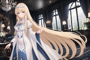  1girl, solo, Calca, Calca Bessarez, blonde hair, (extremely long hair:1.3), very long hair, white tiara, white dress, blue eyes, medium chest, extremely long hair, indoor, in the luxurious room