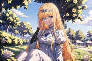 1girl, solo, looking at viewer, smile, ,, sitting, very long hair, closed mouth, , flower, , outdoors, sky, day,, cloud, , , , tree, blue sky, , nature, , yellow flower, Calca, Calca Bessarez, blonde hair, (extremely long hair:1.3), very long hair, white tiara, white dress, blue eyes, medium chest,1 girl,portrait,glitter