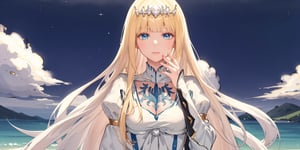 one girl,  solo,
beautiful hands
,masterpiece,best quality, calca, blonde hair, long hair, medium chest, extremely long hair, very long hair, extra lonh hair, white tiara, white dress, blue eyes