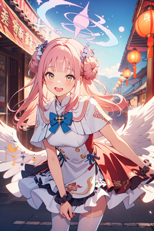 masterpiece, best quality, highres, aamika, halo, long hair, hair flower, angel wings, white wings, low wings, crescent, capelet, blue bow, frills, red Chinese dress, wrist scrunchie, white pantyhose, , leaning forward, standing,  Chinese new year, outdoors, smile, open mouth, red outfit

red theme, Chinese new year background, ,chinese lantern, red chinese decoration, chinese buildings