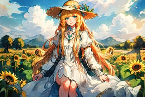 ​​sunflowers, clouds, white straw hat(best quality,Masterpiece,EpicArt,calca, blonde hair, very long hair, extremely long hair, knee-lengh hair, white dress, blue eyes, medium chest, smile