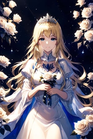 1girl, solo, long hair, looking at the viewer, smile, rose, white flower, portrait, white rose,, hold a bunch of white flowers, Calca, calca, blonde hair, long hair, medium chest, extremely long hair, very long hair, extra long hair, white tiara, white dress, blue eyes,Calca Bessarez,medium breast,, 