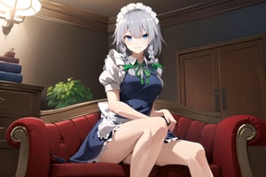 masterpiece, best quality, highres,  1girl, solo, sakuya1, izayoi sakuya, maid,, grey hair, medium breasts, , indoors,1girl, blue eyes, dark blue eyes, green ribbons, sit on the sofar, sexy pose, seductive smile, luxurious room