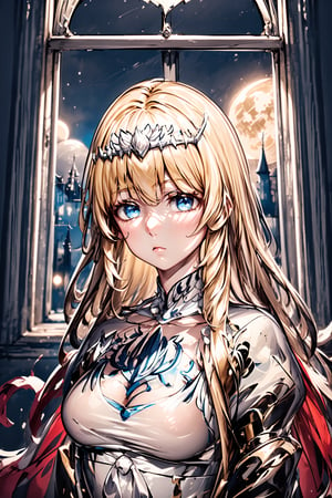 1girl, masterpiece, incredibly absurdness, best quality, looking at the viewer, facing viewer, high detail eyes, nighttime, elegant castle hall, side lighting, low lighting, glowing effect, stained glass, night sky, moon,indoors,, solo, Calca, calca, blonde hair, long hair, medium chest, extremely long hair, very long hair, extra long hair, white tiara, white dress, blue eyes,