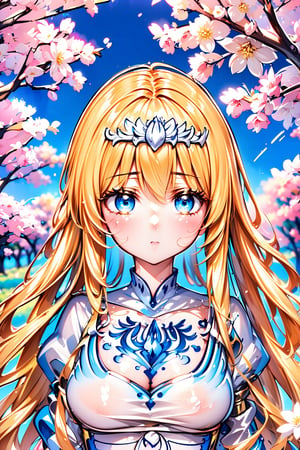 ((masterpiece: 1.2)), beautiful and aesthetic girl, ((1girl)), extremely detailed, highest detailed image, ((detailed eyes)), ((light particles)), cherry blossom, cherry blossoms. ,1 girl, solo, Calca, Calca Bessarez, blonde hair, (extremely long hair:1.5), very long hair, white tiara, white dress, blue eyes, extremely long hair, medium breast, yellow hair color,yello hair color