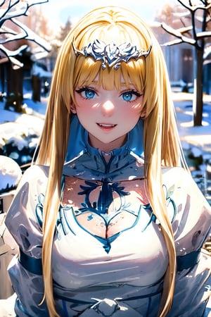 Warm lighting, beautiful girl, detailed face, shy smile,  details, outdoors, winter, snow, full-length portrait, realistic , young girl, background slightly blurred, 1girl, solo, Calca, Calca Bessarez, blonde hair, (extremely long hair:1.3), very long hair, white tiara, white dress, blue eyes, medium chest