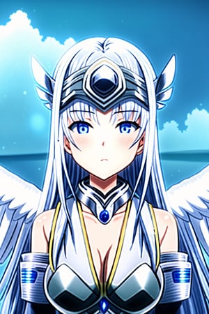 High quality, masterpiece, , 1 girl, beautiful female, , shiny hair, bright eyes, floating_hair, floating above a garden of different types of wildflowers,Noint, extremely long hair, silver hair, straight hair, light blue eyes, large white wing, feather Wings, hair ornament, silver hair band, off-shoulder, serious face, hand armors, silver neck armor,