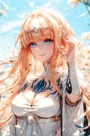 1girl, solo, Calca, calca, blonde hair, long hair, medium chest, extremely long hair, very long hair, extra long hair, white tiara, white dress, blue eyes, Calca Bessarez, medium breast, smiling face pointing into the distance (dynamic superheroine pose). 64k, UDR, RAW photo, perfect focus, high resolution, ,1 girl, flower