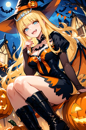 score_9, score_8_up, score_7_up, 1girl,, halloween dress, white bat wings, multiple bat, orange bat ears, black boots, floating, sitting on pumpkin, from below, looking at viewer, smug, closed mouth, outdoors, night, fangs, glitter eyes, (Halloween party:1.4), (Halloween decoration:1.4),Calca,Calca Bessarez,blonde hair,(extremely long hair:1.3), orange tiara, black witch dress, light blue eyes,medium chest,blunt bangs, mature female, open mouth ,shy, embarassed face 