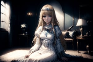 looking at the viewer, bangs,  sitting, parted lips, indoors, realistic, 1girl, solo, Calca, Calca Bessarez, blonde hair, (extremely long hair:1.3), very long hair, white tiara, white dress, blue eyes, medium chest, extremely long hair,blunt bangs