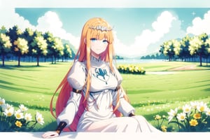 1girl, solo, looking at viewer, smile, ,, sitting, very long hair, closed mouth, , flower, , outdoors, sky, day,, cloud, , , , tree, blue sky, , nature, , yellow flower, Calca, Calca Bessarez, blonde hair, (extremely long hair:1.3), very long hair, white tiara, white dress, blue eyes, medium chest,1 girl,portrait,glitter,Chromaspots